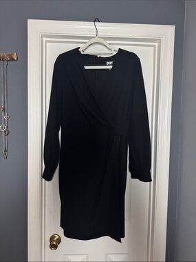 DKNY Black Long-Sleeve Faux-Wrap Dress